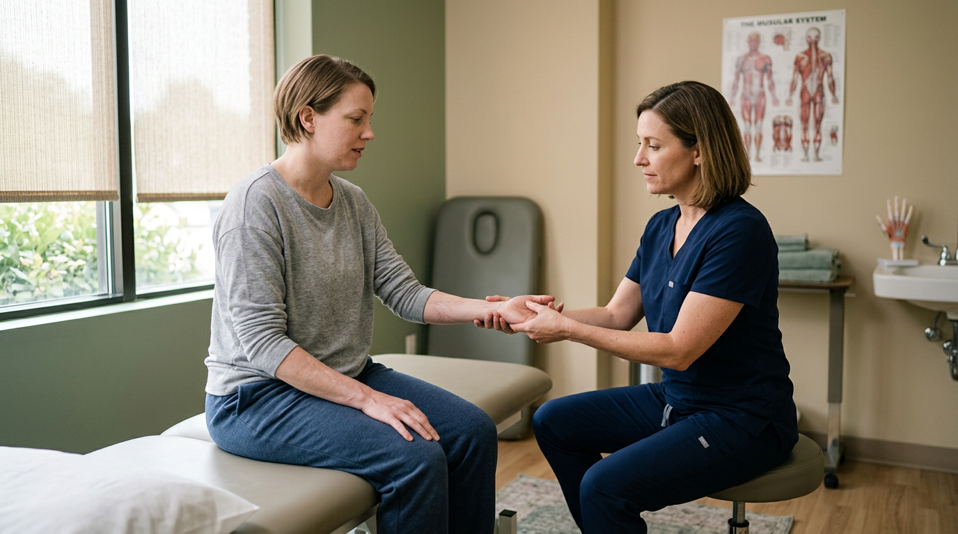 Burn injury patient meeting with a rehabilitation clinician in a calm private treatment room.