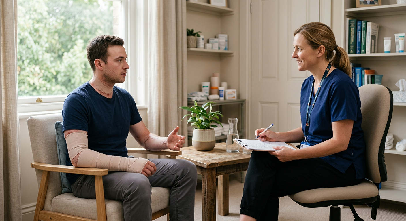 Burn injury patient meeting with a rehabilitation clinician in a calm private treatment room.