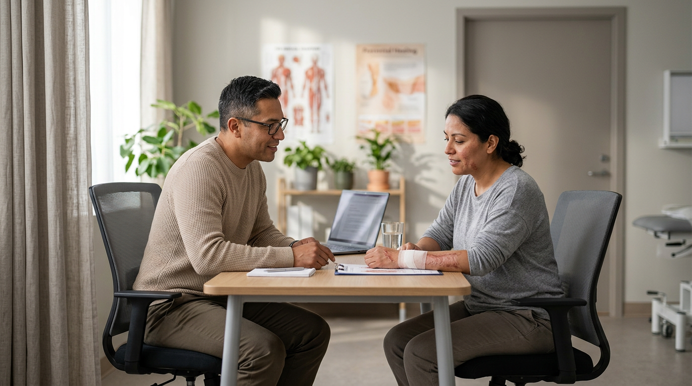 Burn injury patient meeting with a rehabilitation clinician in a calm private treatment room.