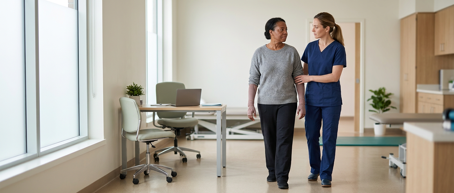 Burn injury patient meeting with a rehabilitation clinician in a quiet private treatment room.