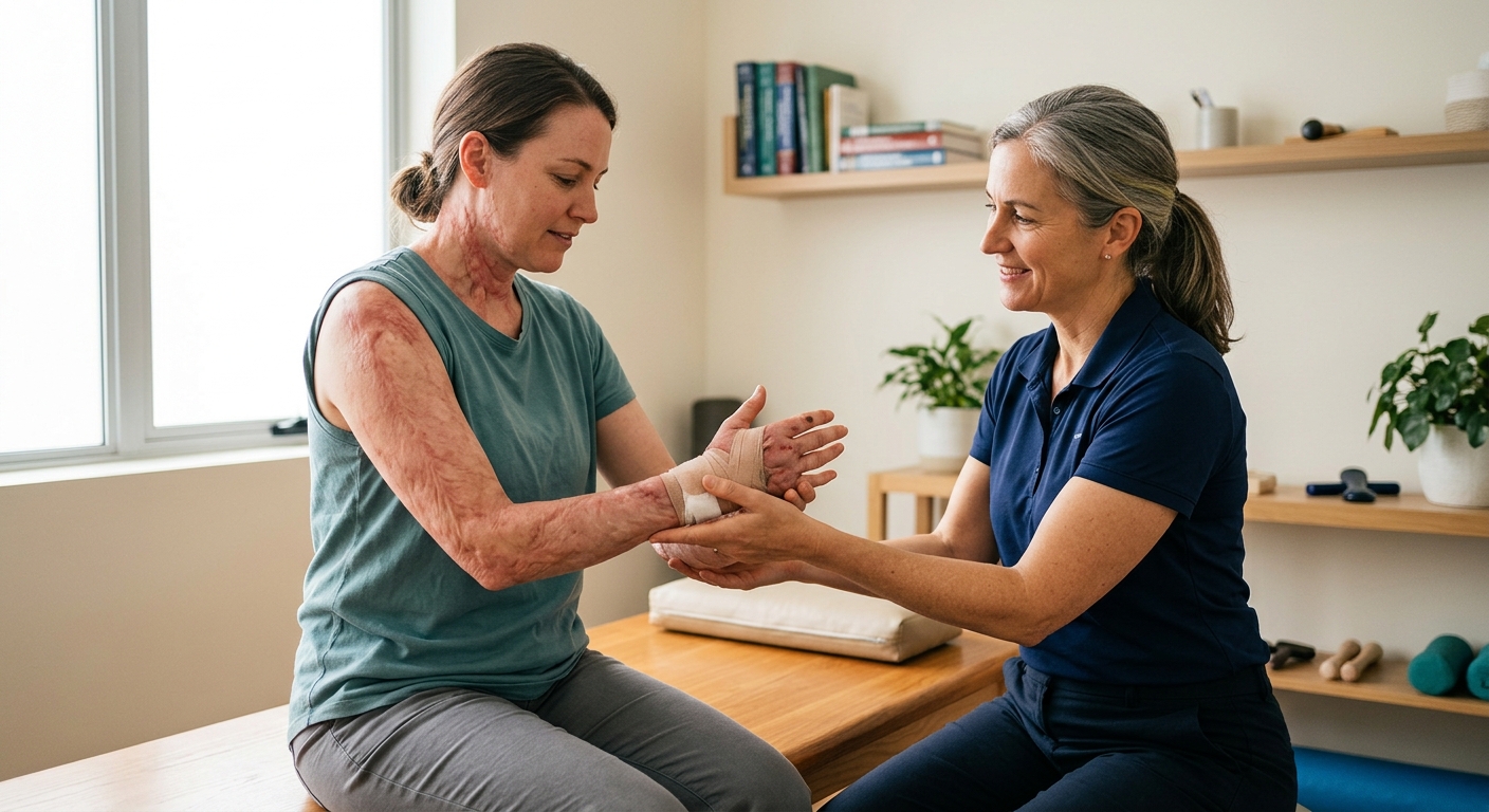 Burn injury patient meeting with a rehabilitation clinician in a private treatment room.