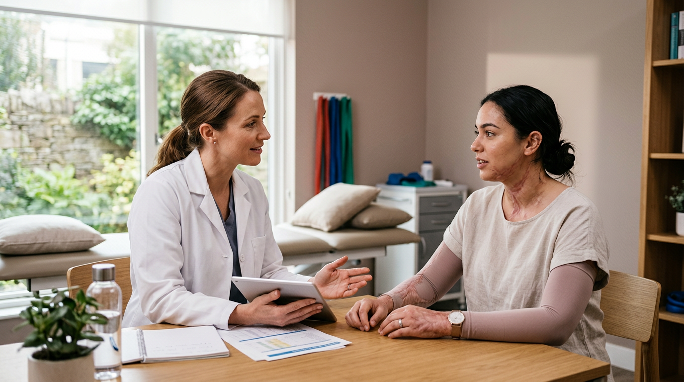 Burn injury patient meeting with a rehabilitation clinician in a calm private treatment room.