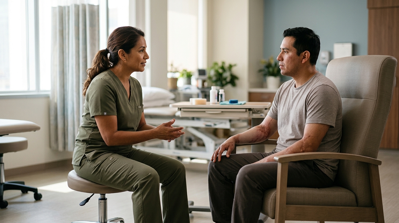 Burn injury patient meeting with a rehabilitation clinician in a calm private treatment room.