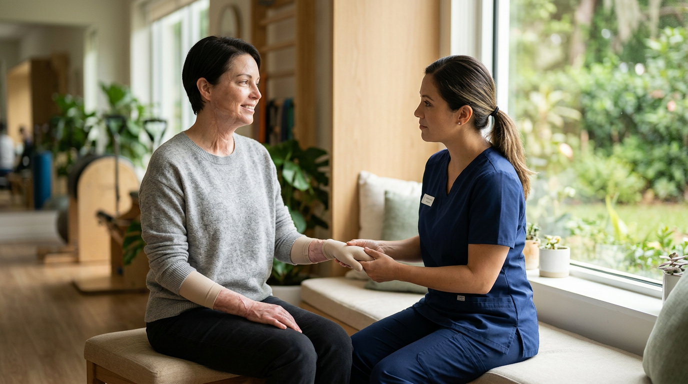 Burn injury survivor being treated with dignity in a calm rehabilitation setting.