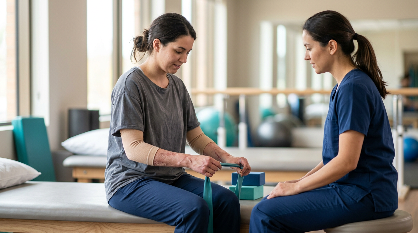 Burn-injury survivor in a calm rehabilitation setting, treated with dignity during recovery.