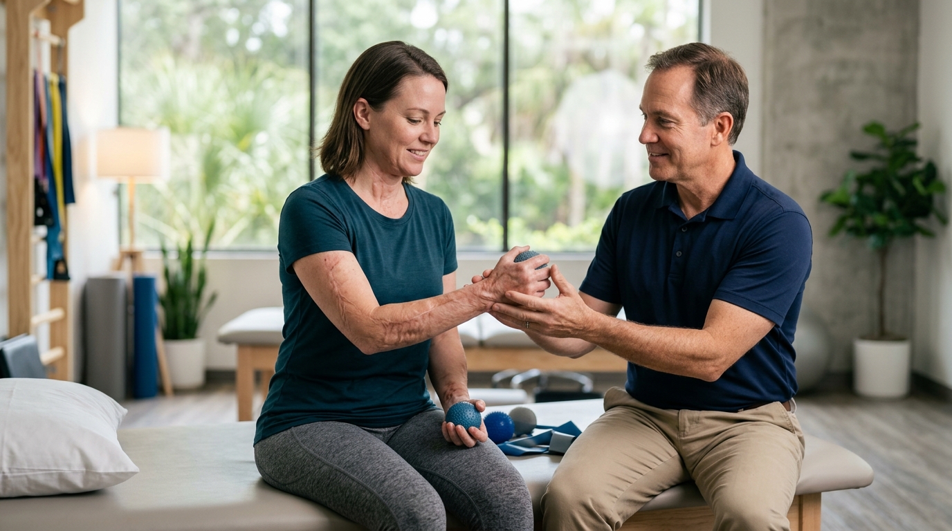 Burn injury survivor in a calm rehabilitation setting, treated with dignity.