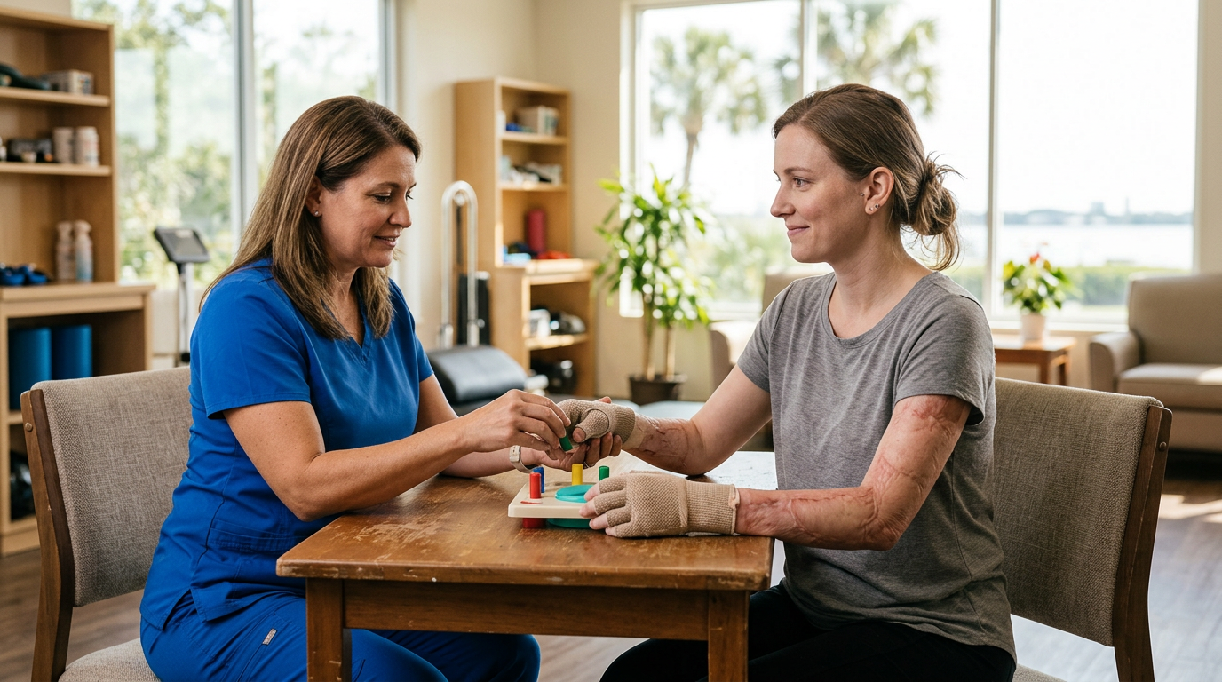 Burn injury survivor in a calm rehabilitation setting, treated with dignity.