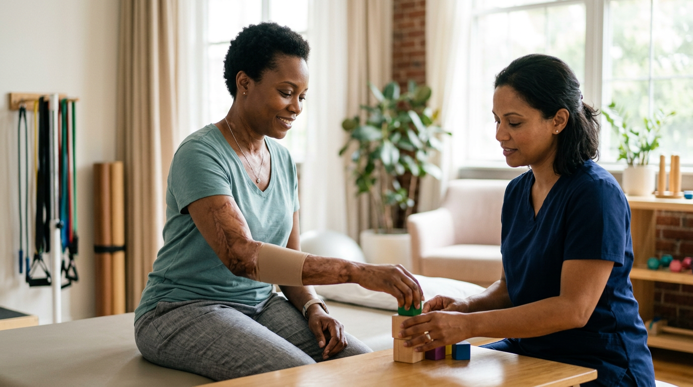 Burn injury survivor receiving compassionate care in a calm rehabilitation setting.