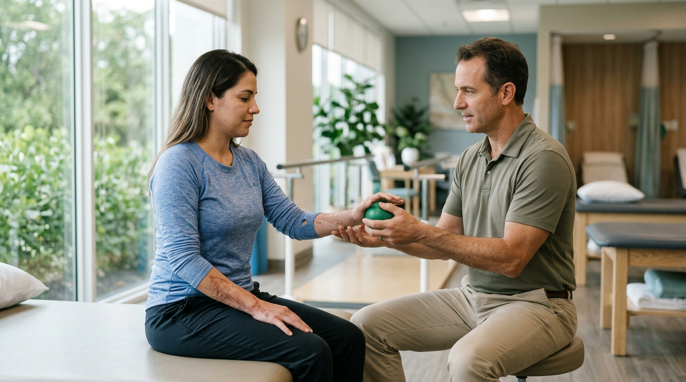 Burn injury survivor receiving compassionate care in a calm rehabilitation setting.