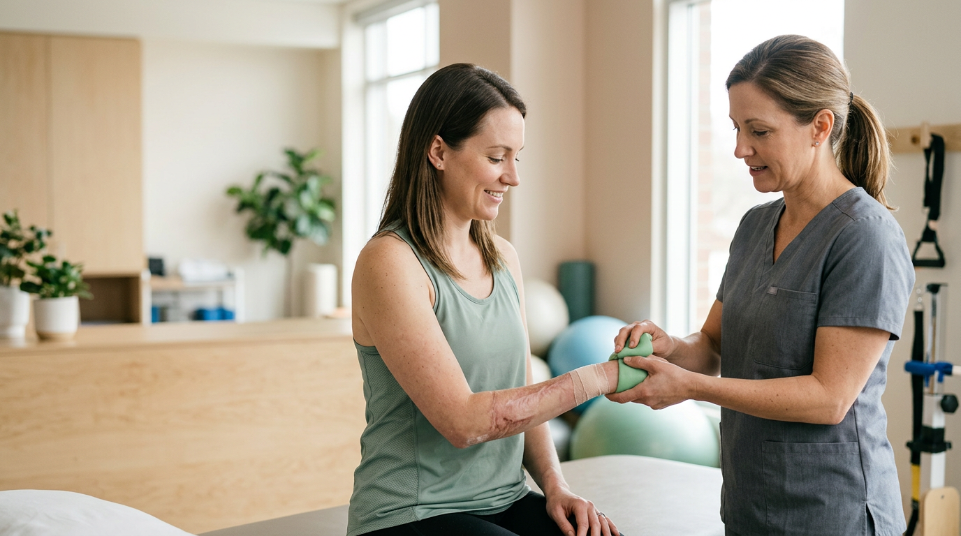 Burn-injury survivor receiving compassionate care in a calm rehabilitation setting.