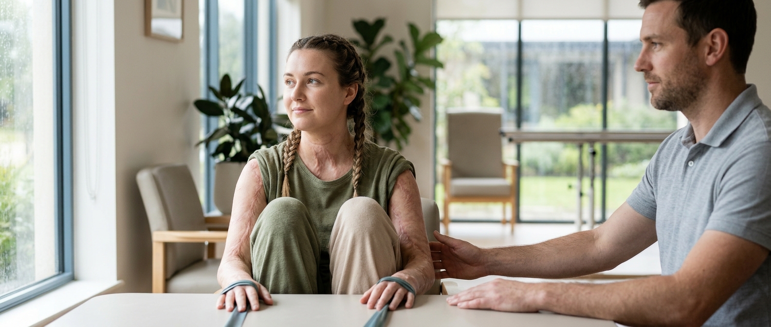 Burn injury survivor receiving supportive care in a calm rehabilitation setting.
