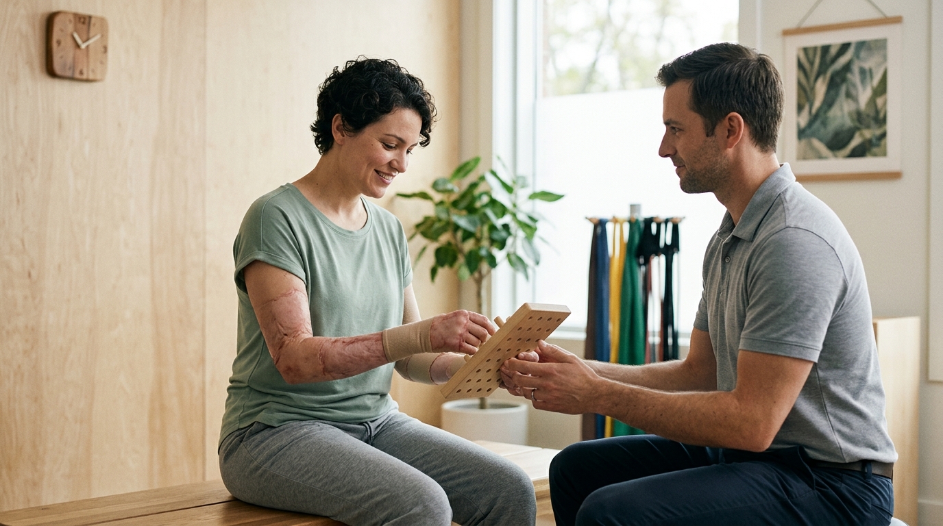 Burn-injury survivor seated in a calm rehabilitation setting, treated with dignity.