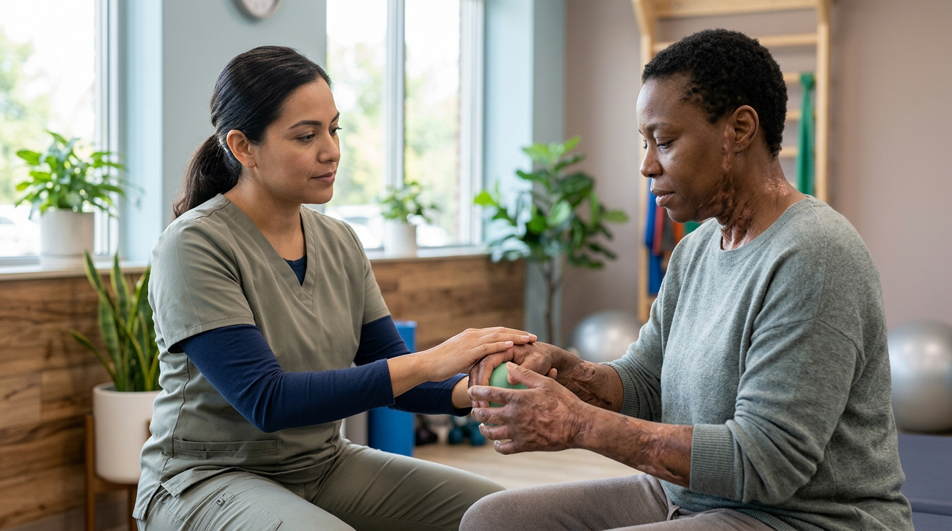 Burn injury survivor with visible scarring in a calm rehabilitation setting, treated with dignity.