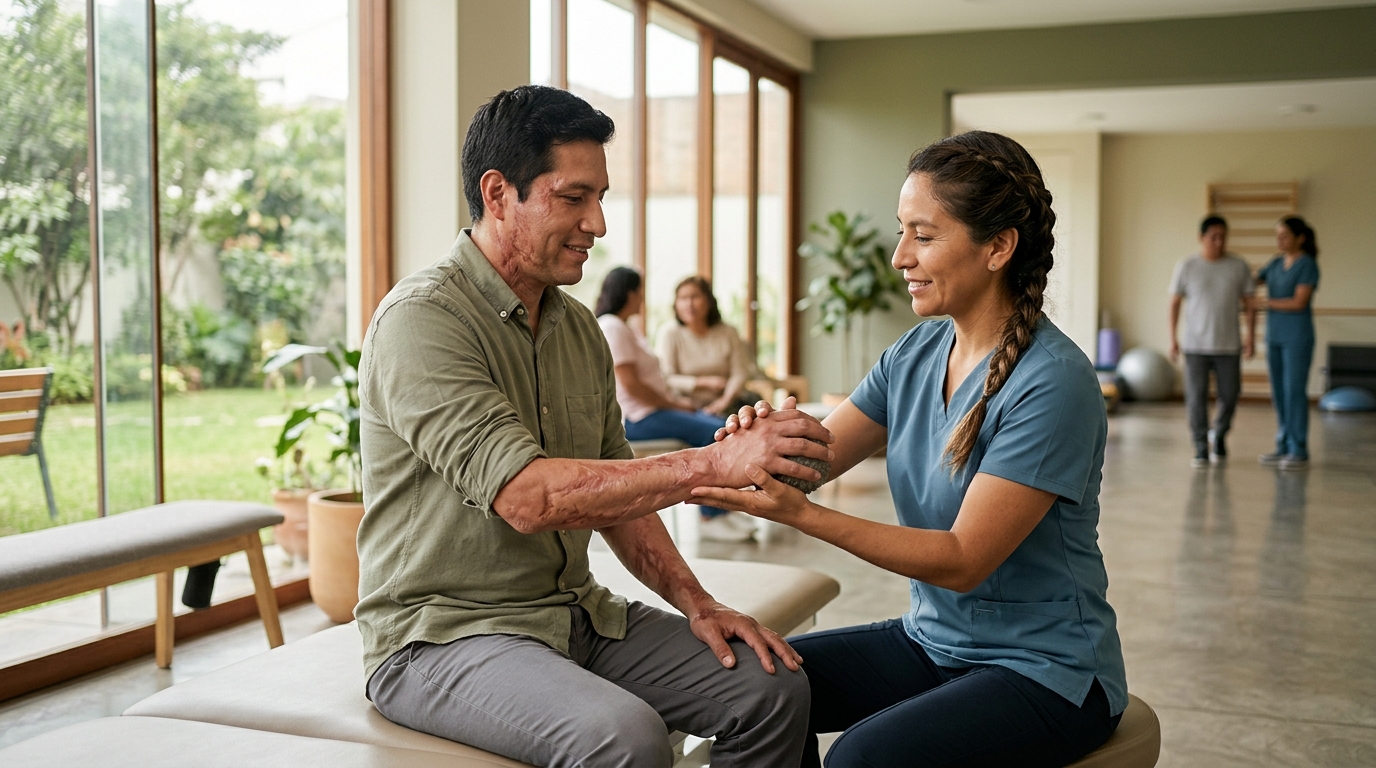 Burn-injury survivor with visible scarring resting calmly in a bright rehabilitation room.