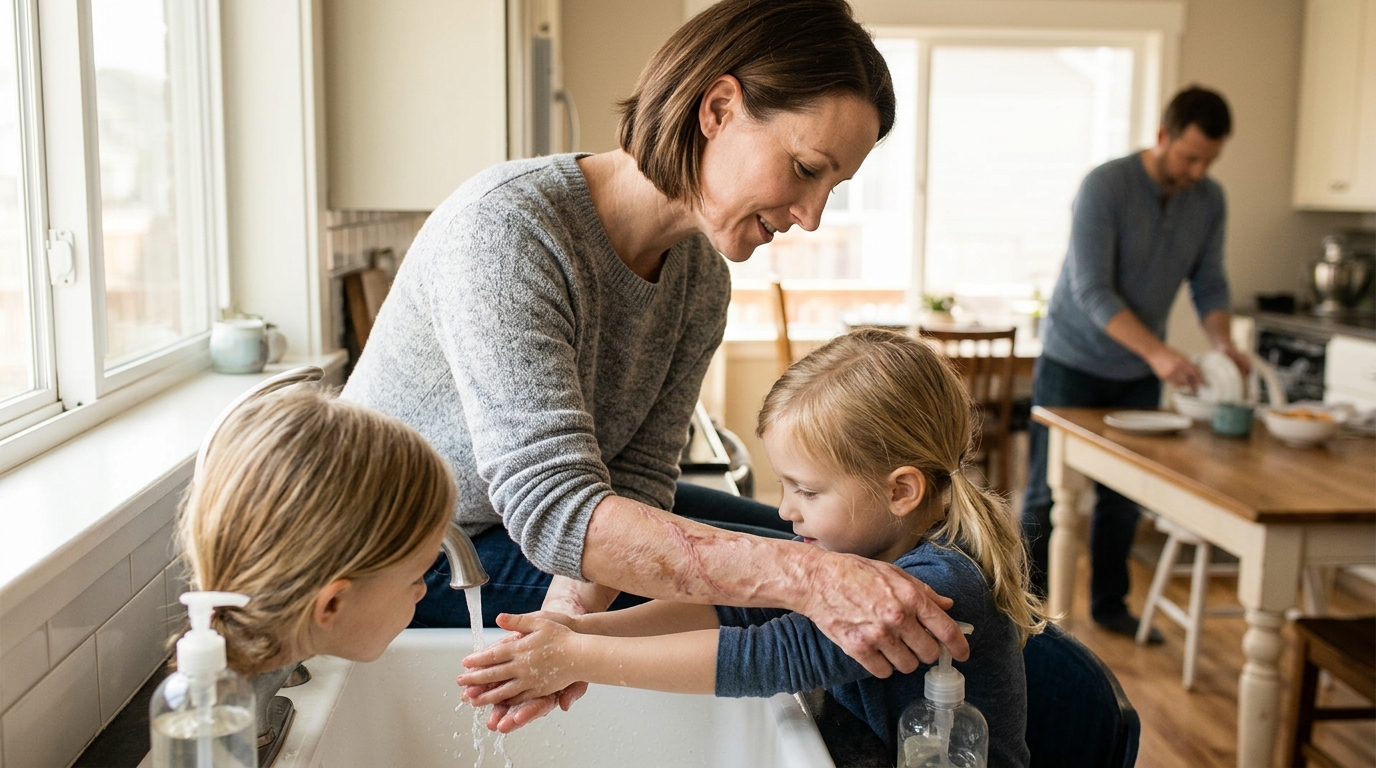 Burn survivor cooking with family in a kitchen during recovery from injury.