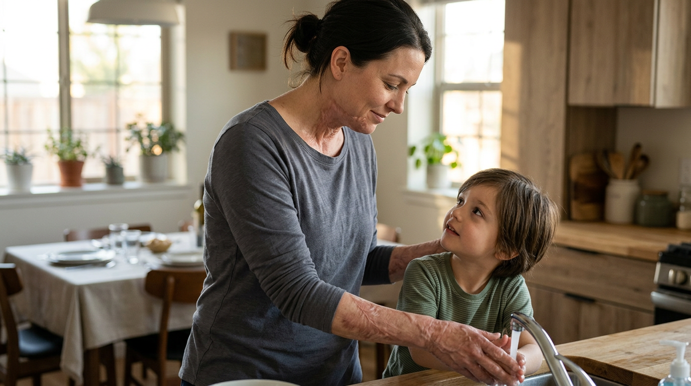 Burn survivor cooking with family in kitchen during everyday routine after injury recovery.