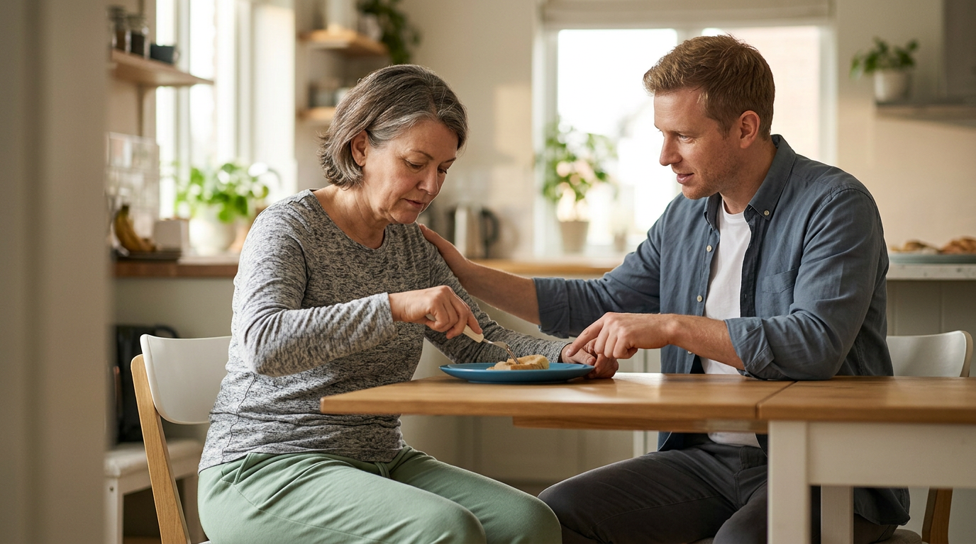 Caregiver assisting a person with relearning daily routines during recovery from a traumatic brain injury.