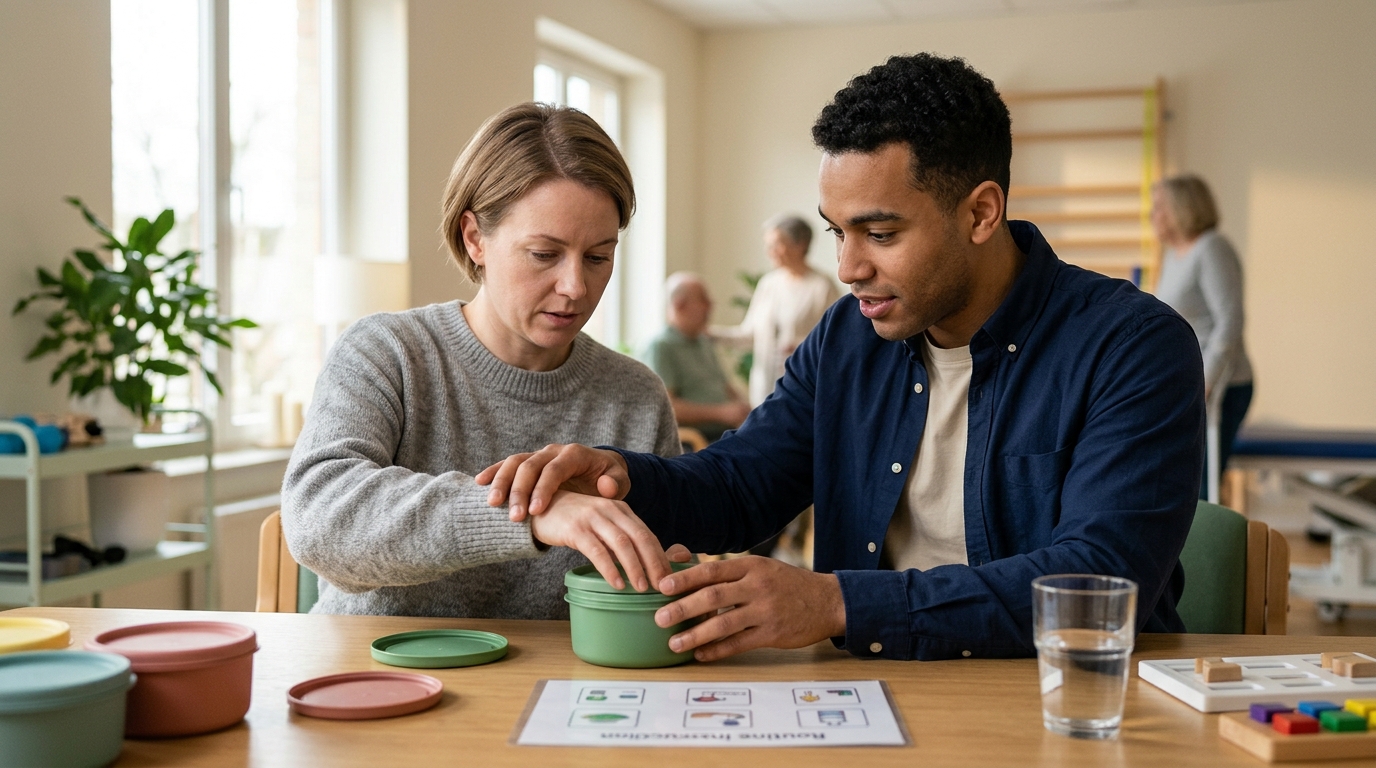 a person relearning routines with a caregiver's support after a traumatic brain injury
