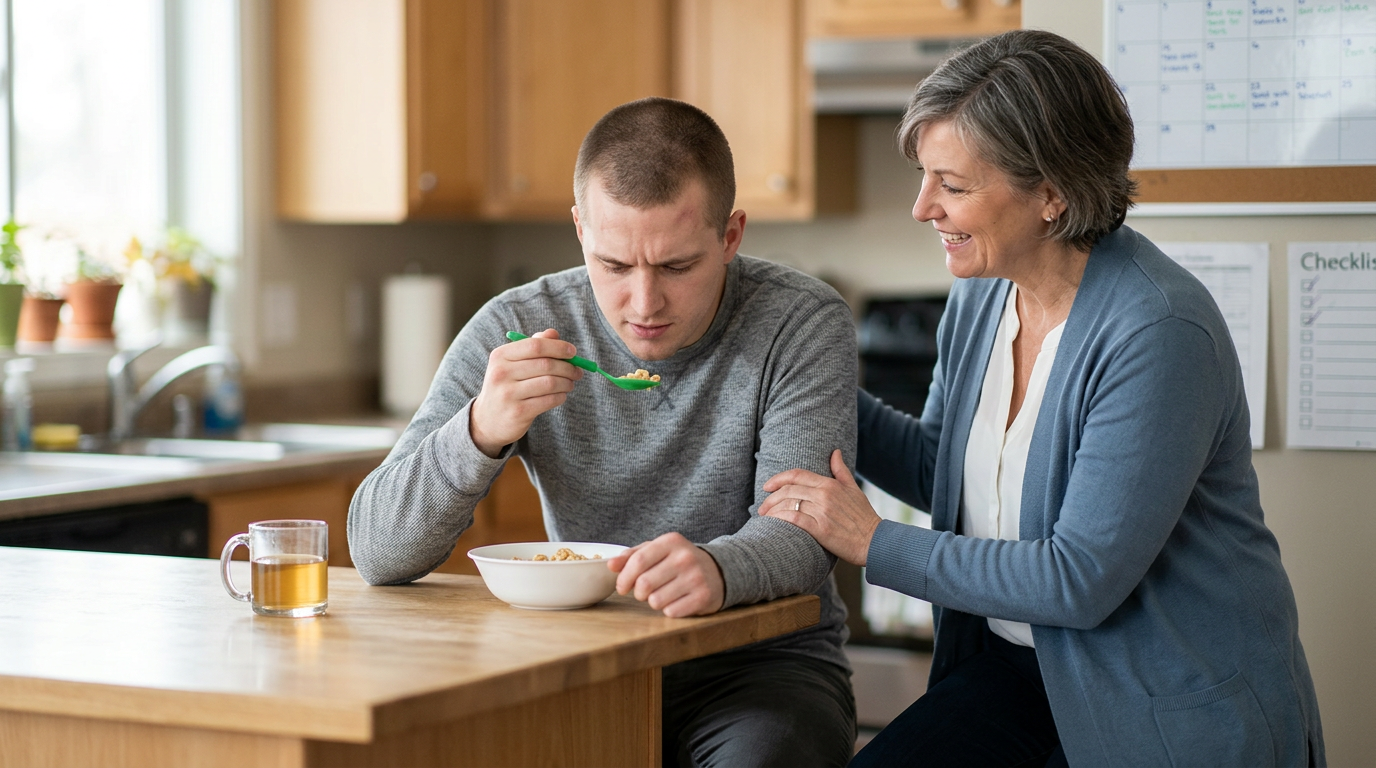 Caregiver assists a person relearning daily routines during traumatic brain injury recovery.