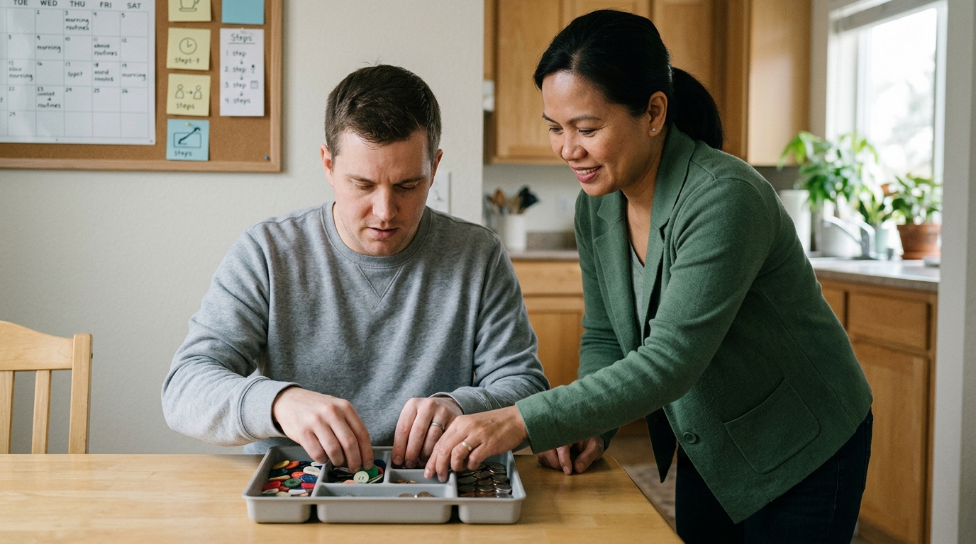 Caregiver helping a person relearn daily routines during recovery from a traumatic brain injury.