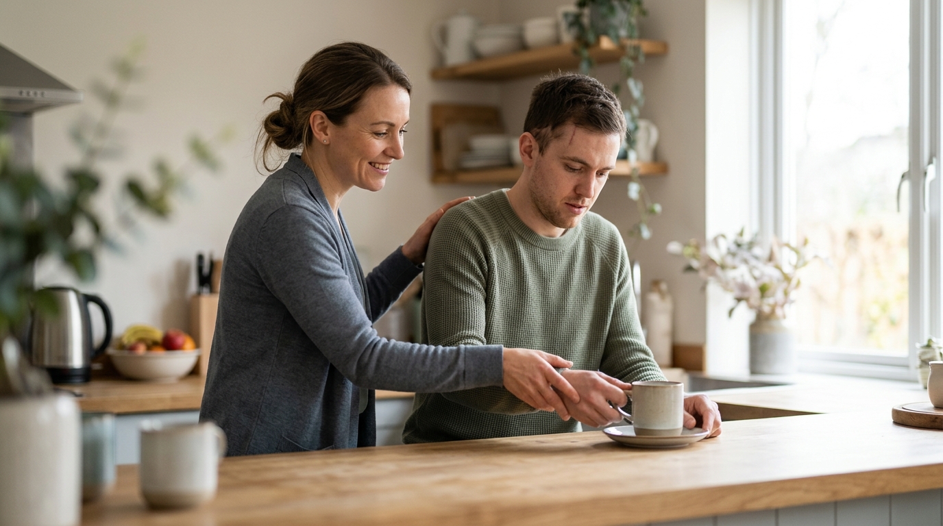 Caregiver helping a person relearn daily routines during traumatic brain injury recovery.