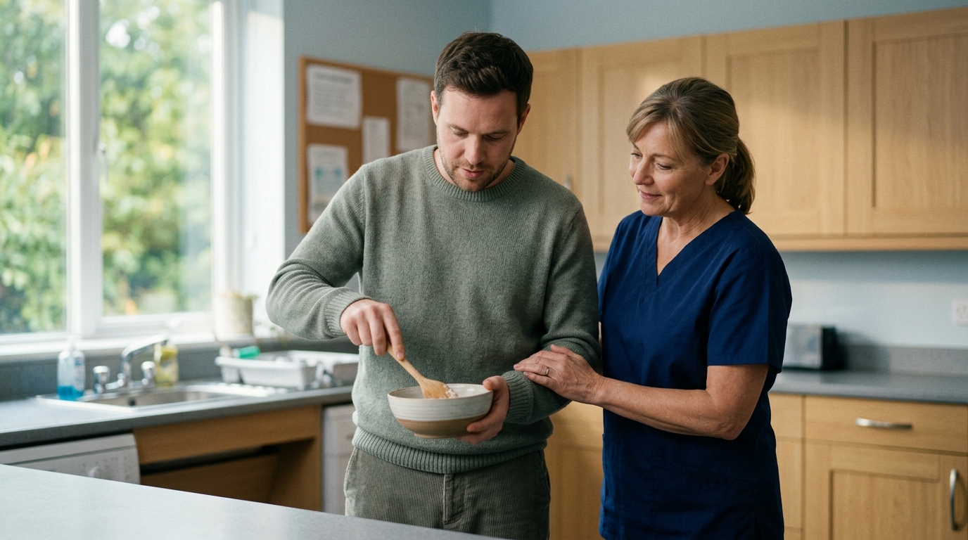 Caregiver supports a person practicing daily routines during recovery from a traumatic brain injury.