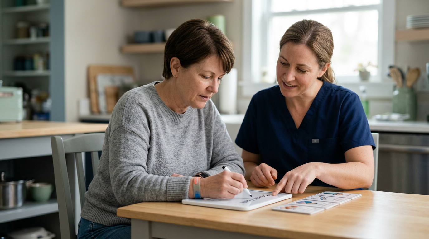 Caregiver supports a person relearning daily routines during traumatic brain injury recovery.