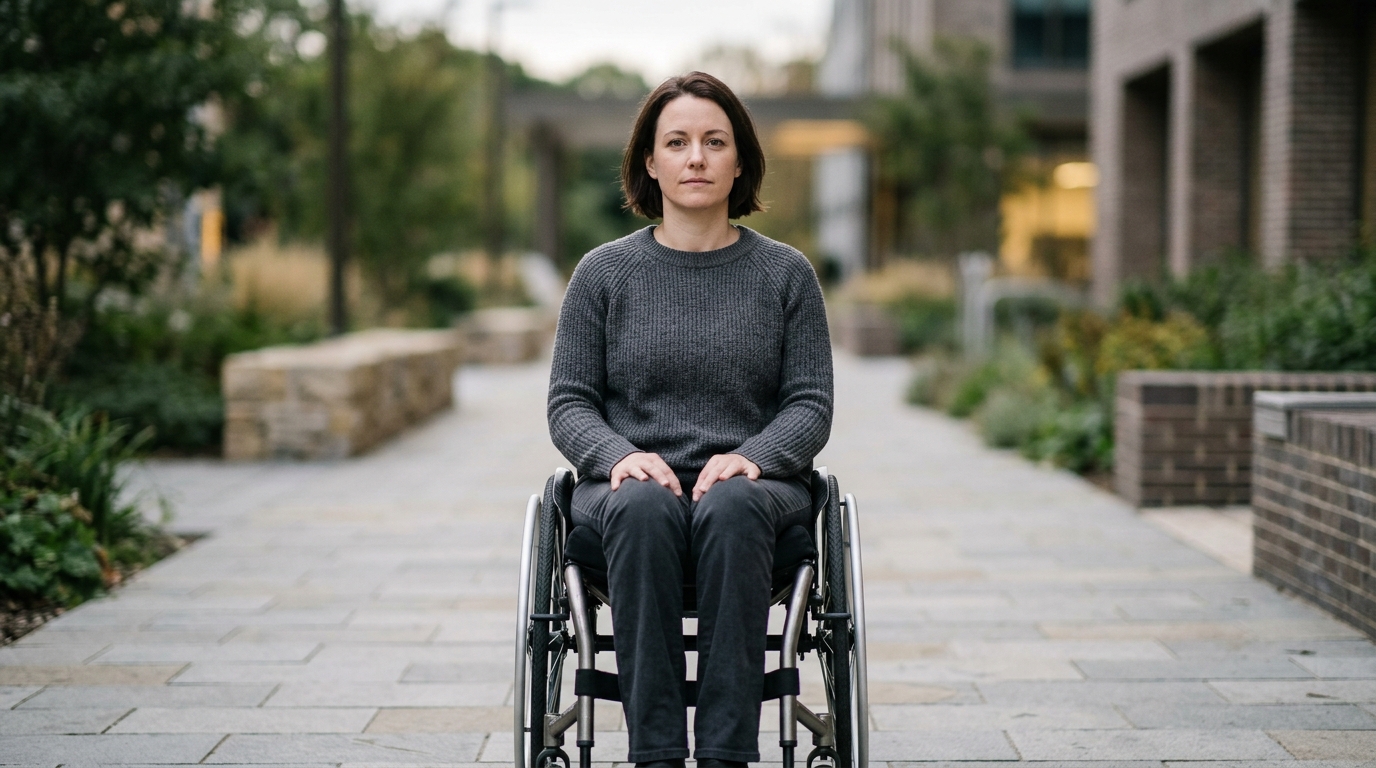Catastrophic Back & Neck Injury Compensation Guide. a person who uses a wheelchair looking forward with quiet resolve, catastrophic spinal injury