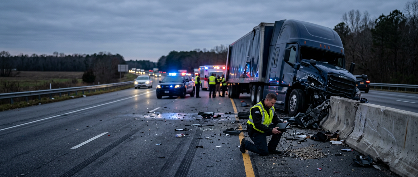 Damaged commercial truck after a highway collision at dusk, illustrating black box data evidence.