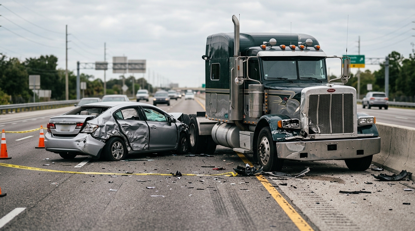 Damaged semi truck and passenger car after a serious highway collision in Tampa.