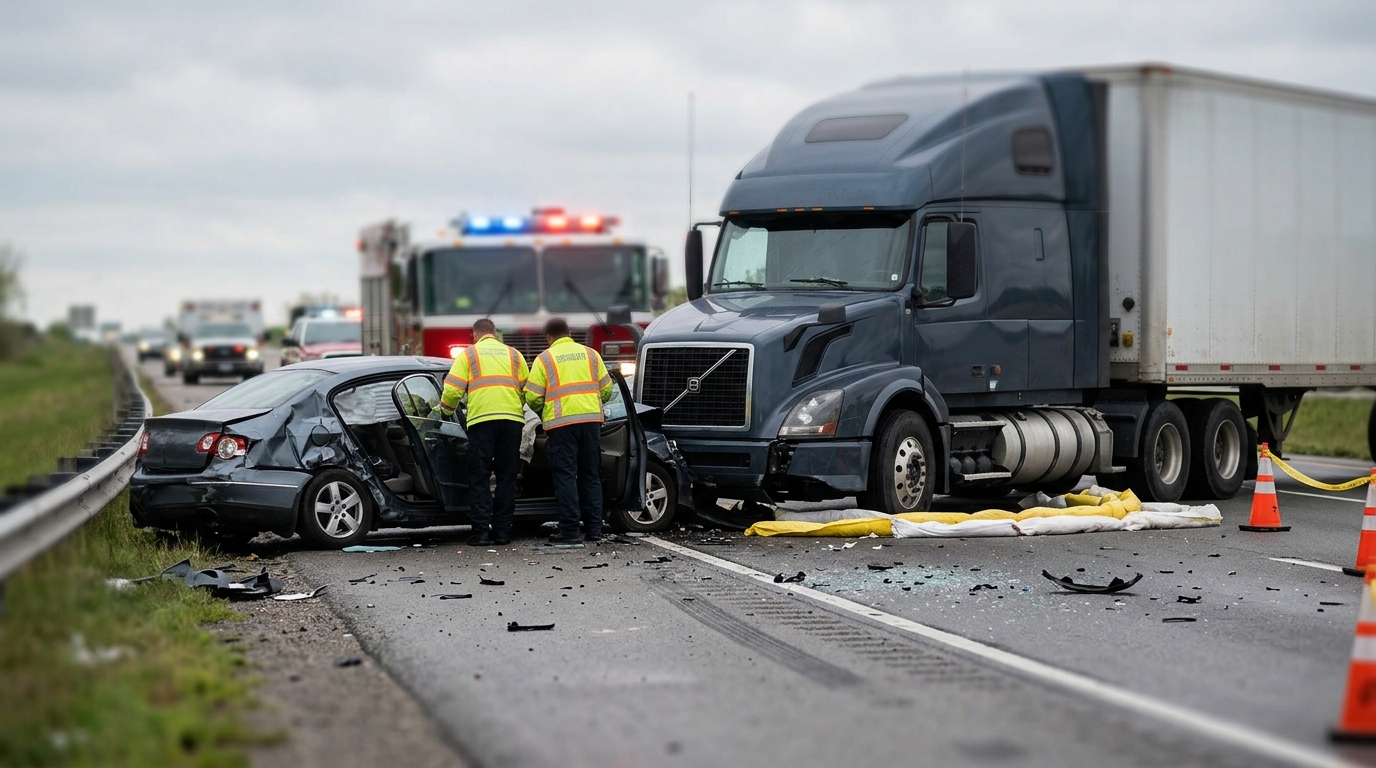 Damaged semi truck and passenger car after a serious road collision.