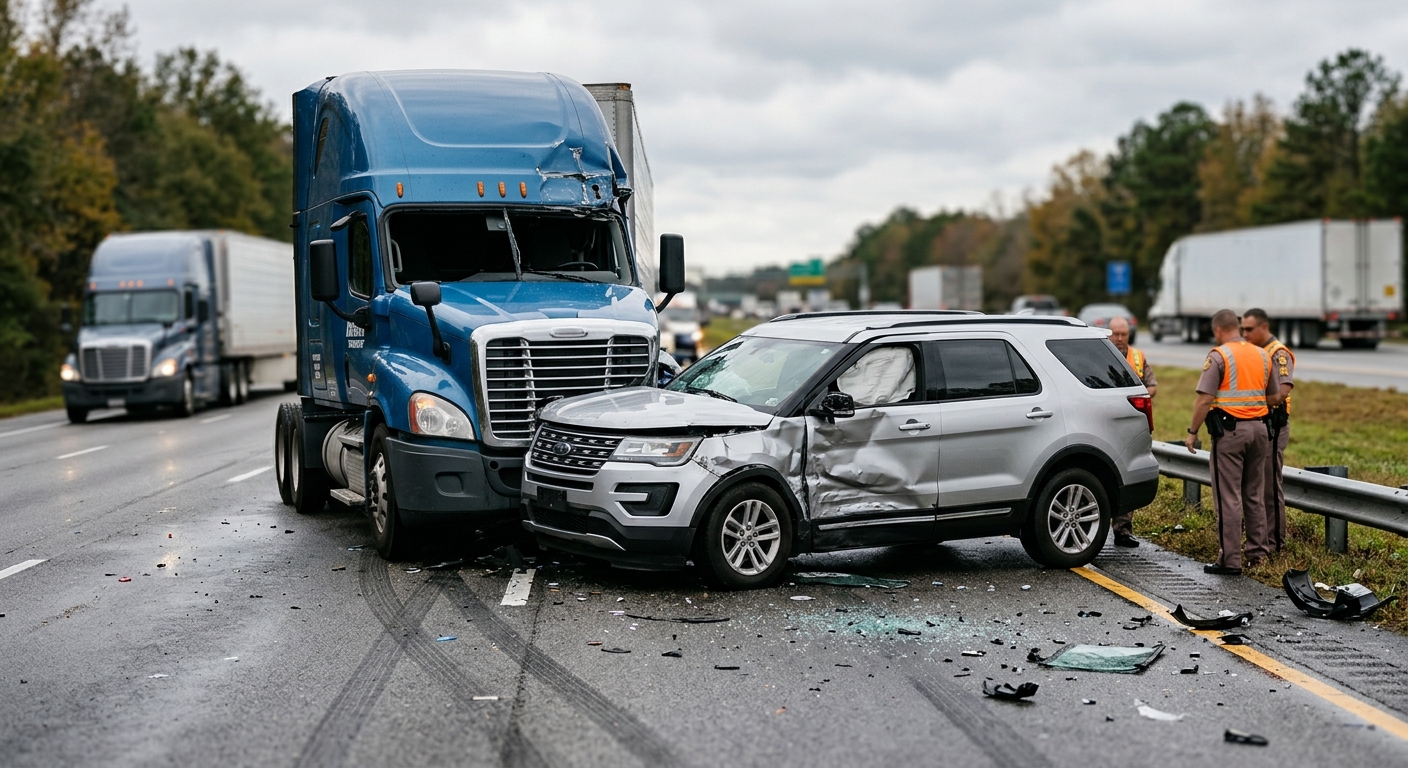 Damaged semi truck and passenger vehicle after a serious highway collision.