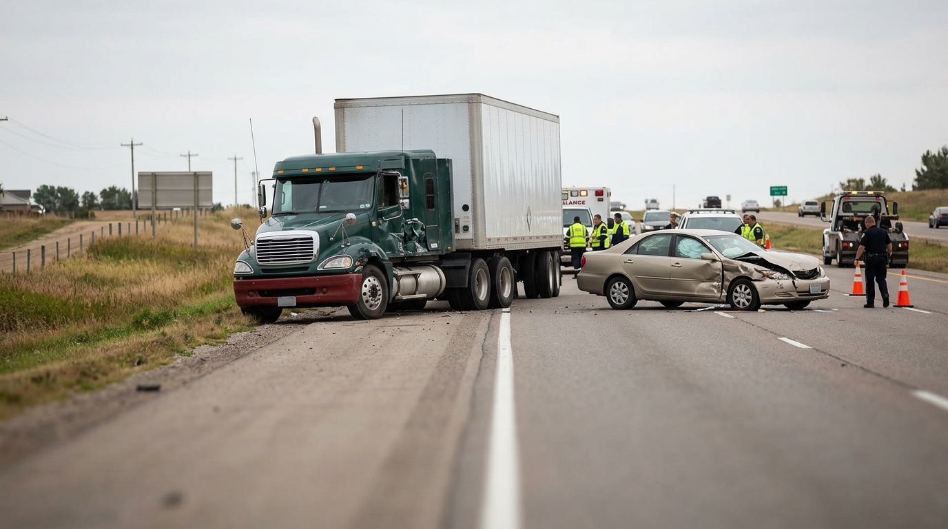 Damaged semi truck and passenger vehicle on the road after a serious collision.