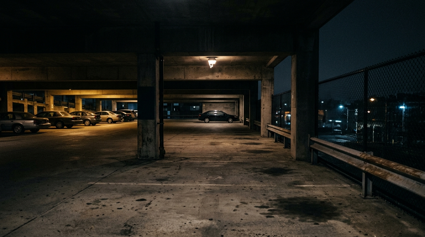 Dimly lit parking garage at night with inadequate lighting suggesting poor property security.