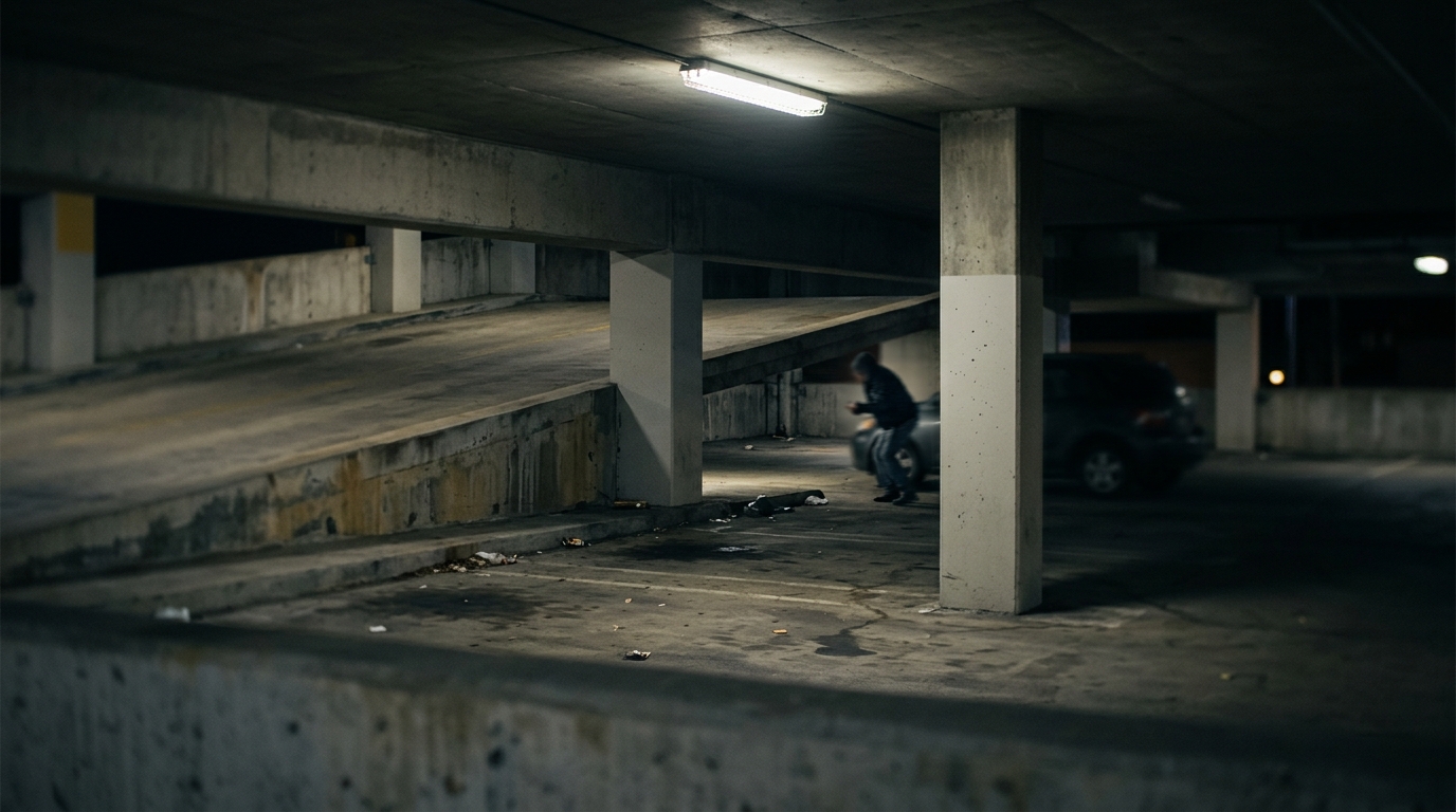 Dimly lit parking garage at night with poor lighting suggesting inadequate property security.