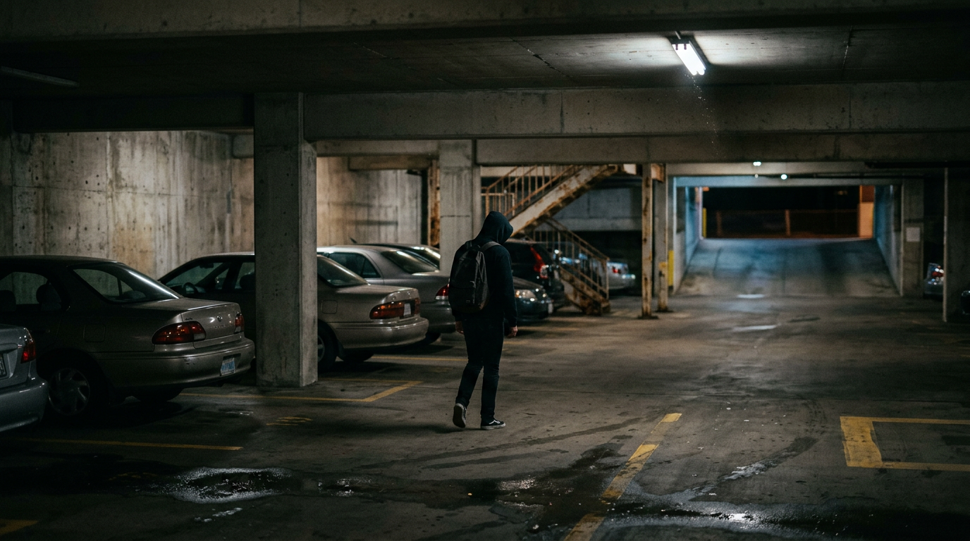 Dimly lit parking garage at night with poor lighting suggesting inadequate property security.