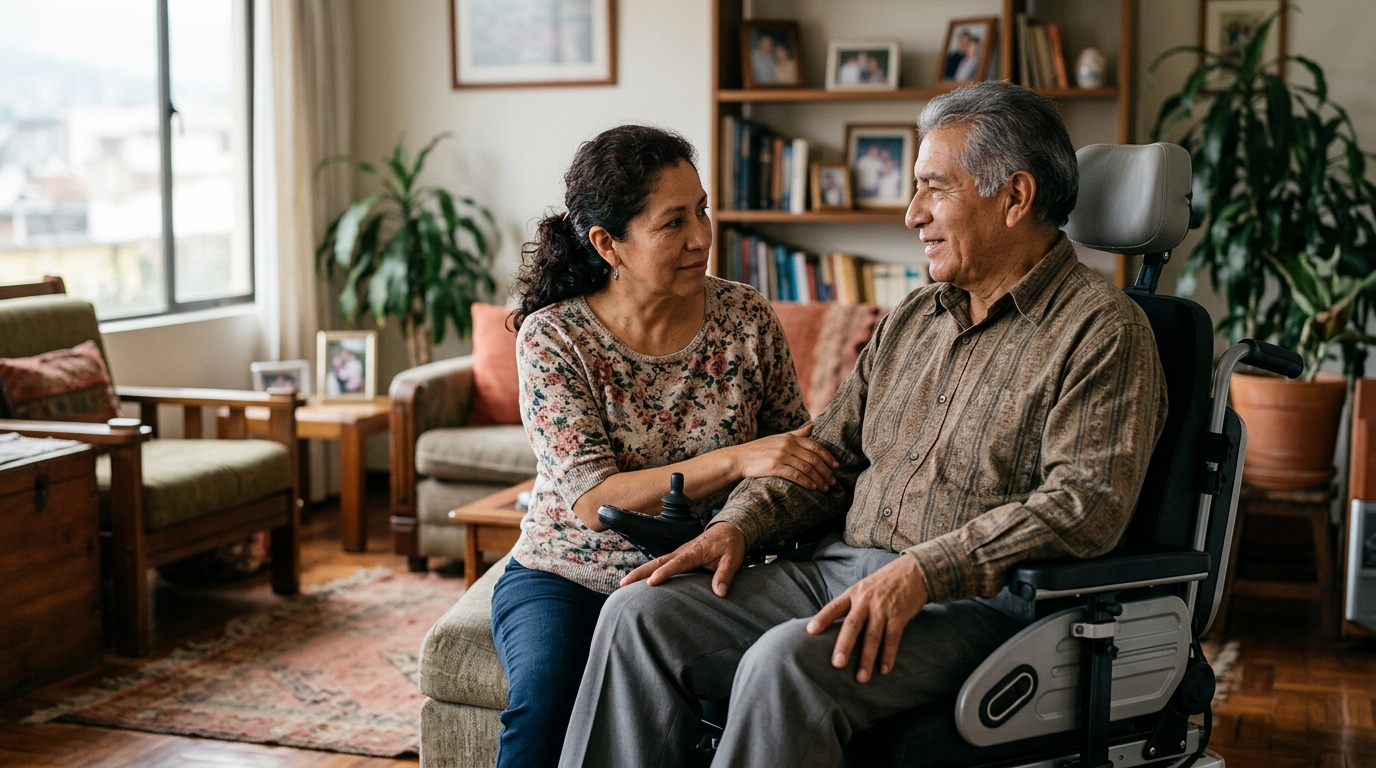 Familiar hispano apoya con ternura a un ser querido en silla de ruedas eléctrica en casa.