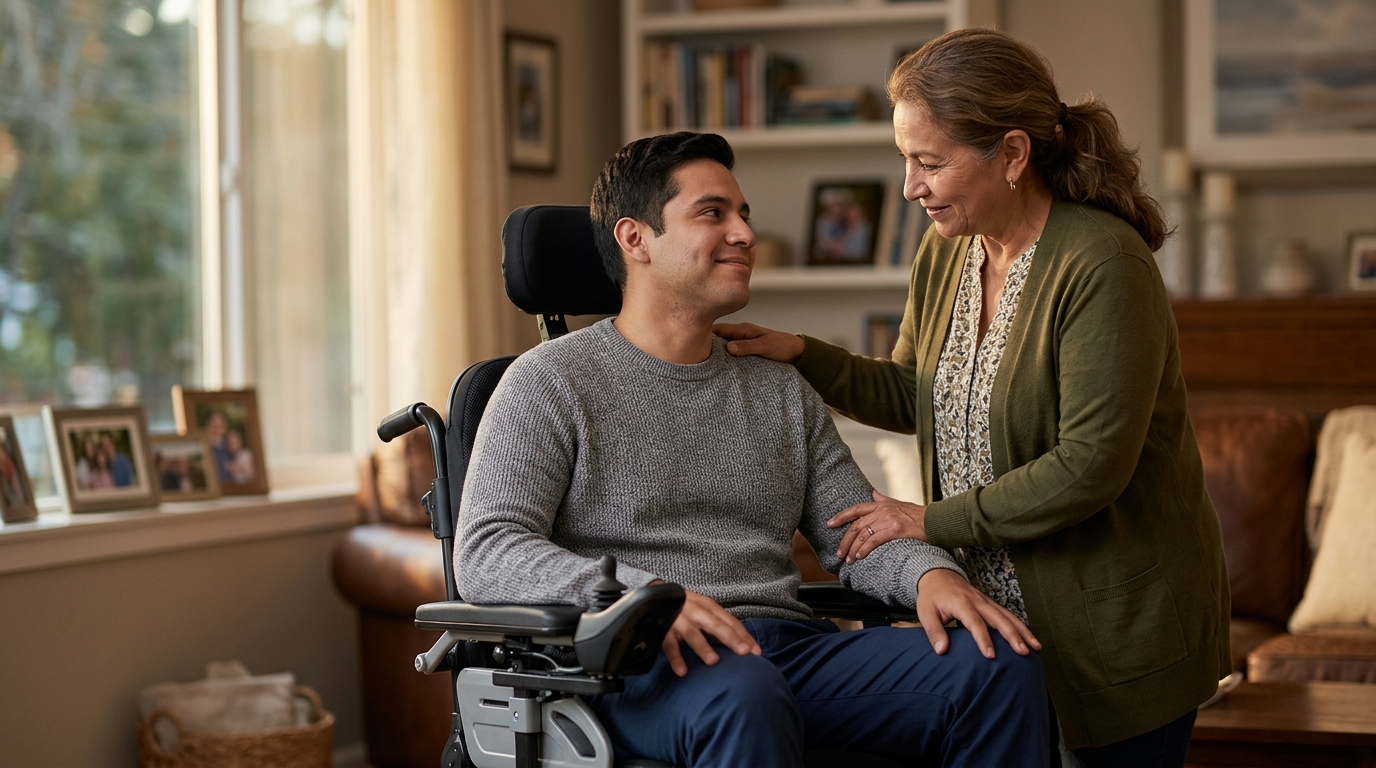 Familiar hispano apoya con ternura a un ser querido que usa una silla de ruedas eléctrica en casa.