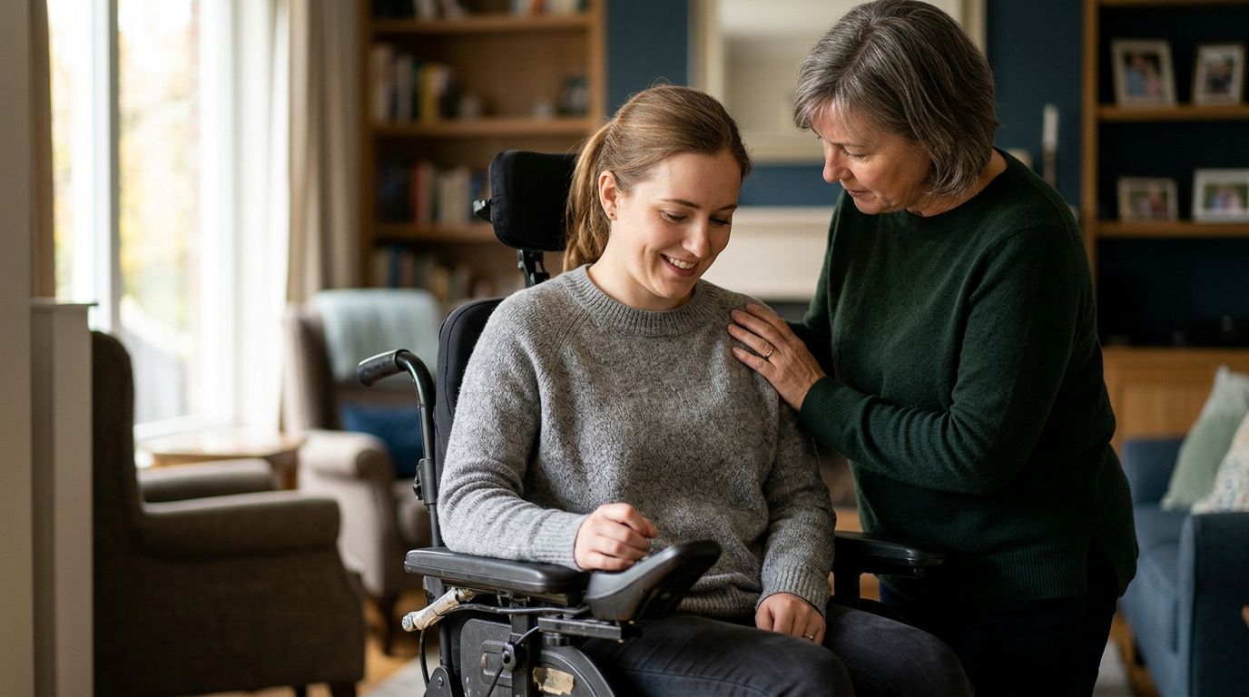 Family member gently assisting a loved one using a power wheelchair at home.
