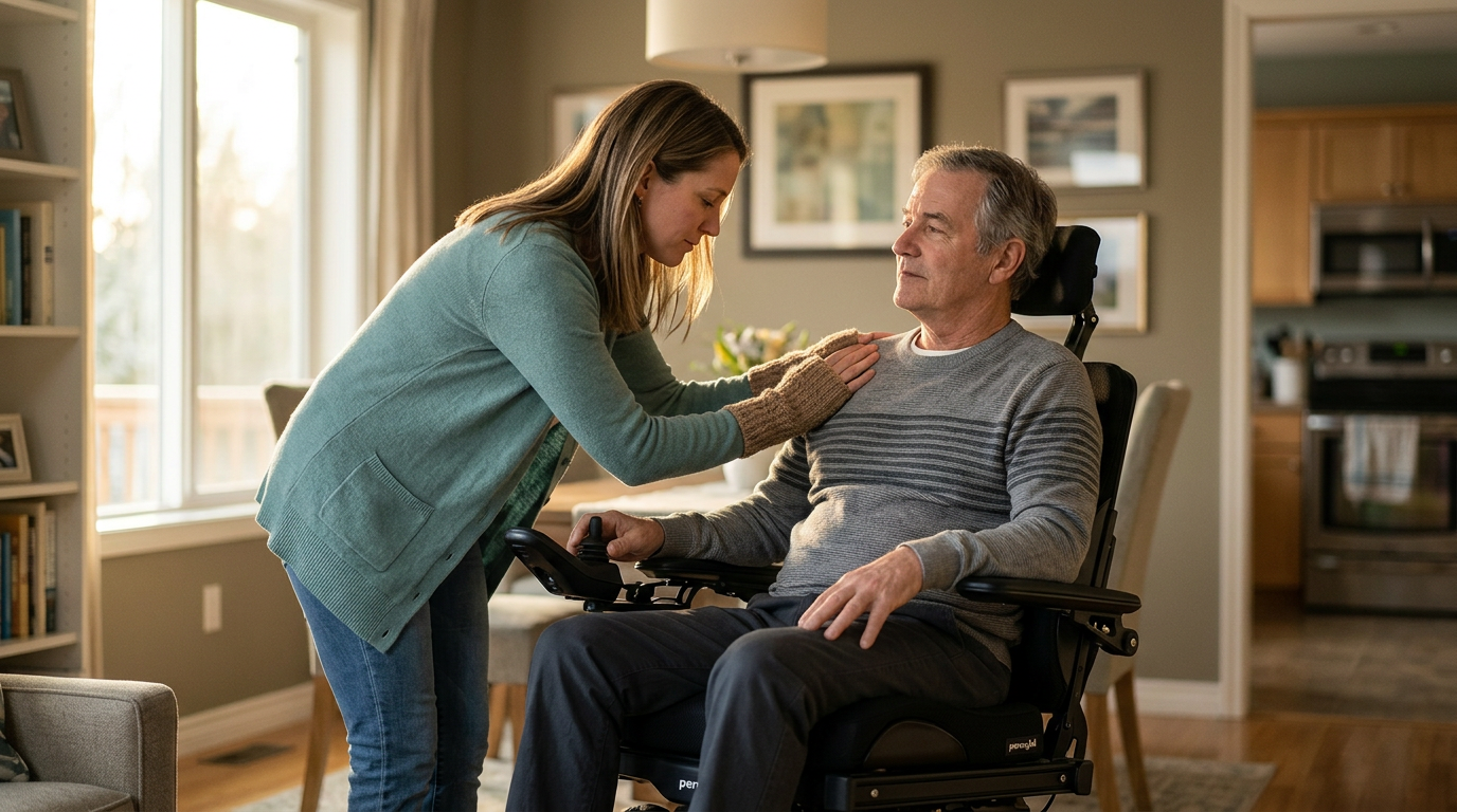 Family member gently supporting a loved one seated in a power wheelchair at home.