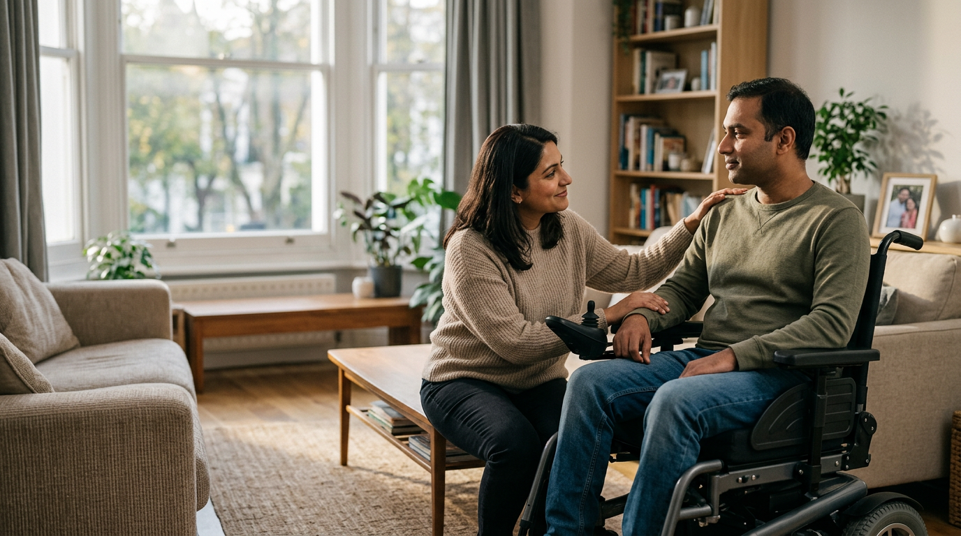 Family member gently supporting a loved one using a power wheelchair at home.