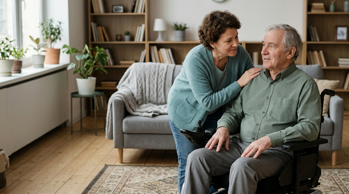 Family member gently supporting a loved one using a power wheelchair at home.