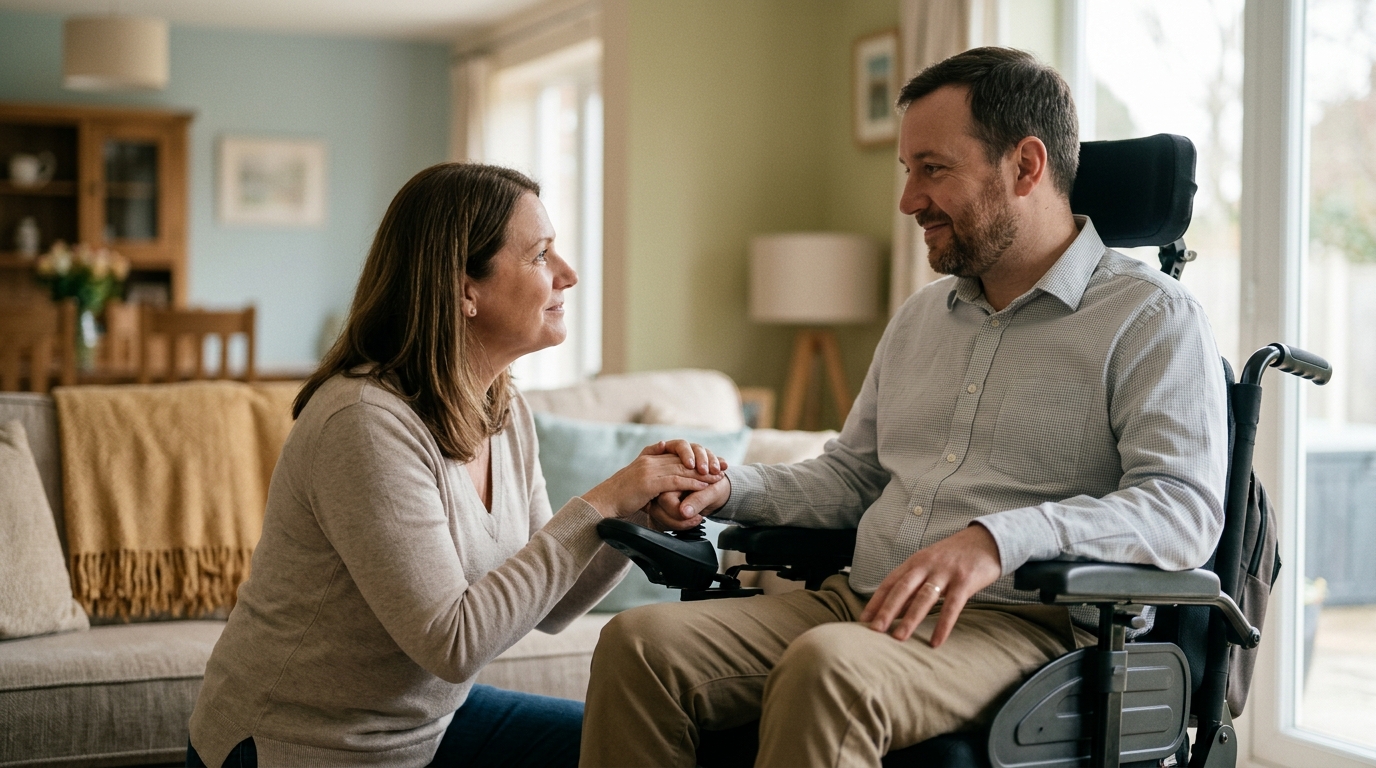 Family member gently supporting a loved one using a power wheelchair at home.