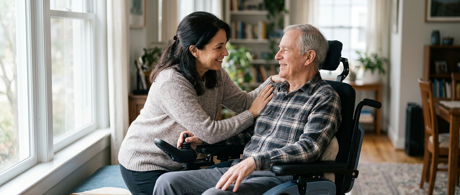 Family member gently supporting a loved one using a power wheelchair at home.