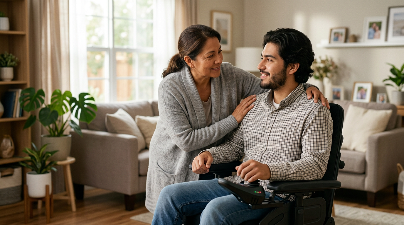 Family member gently supporting a loved one using a power wheelchair at home.