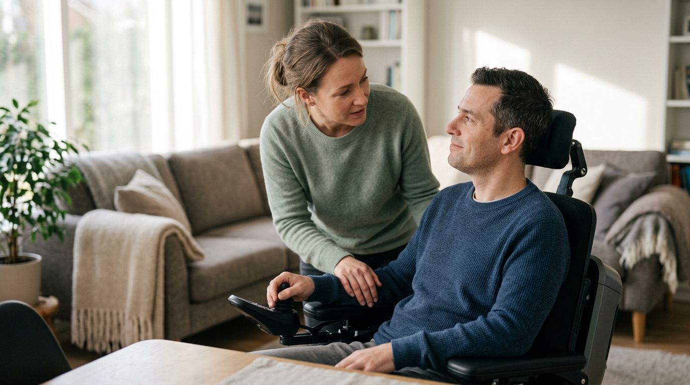 Family member gently supporting a loved one using a power wheelchair at home.