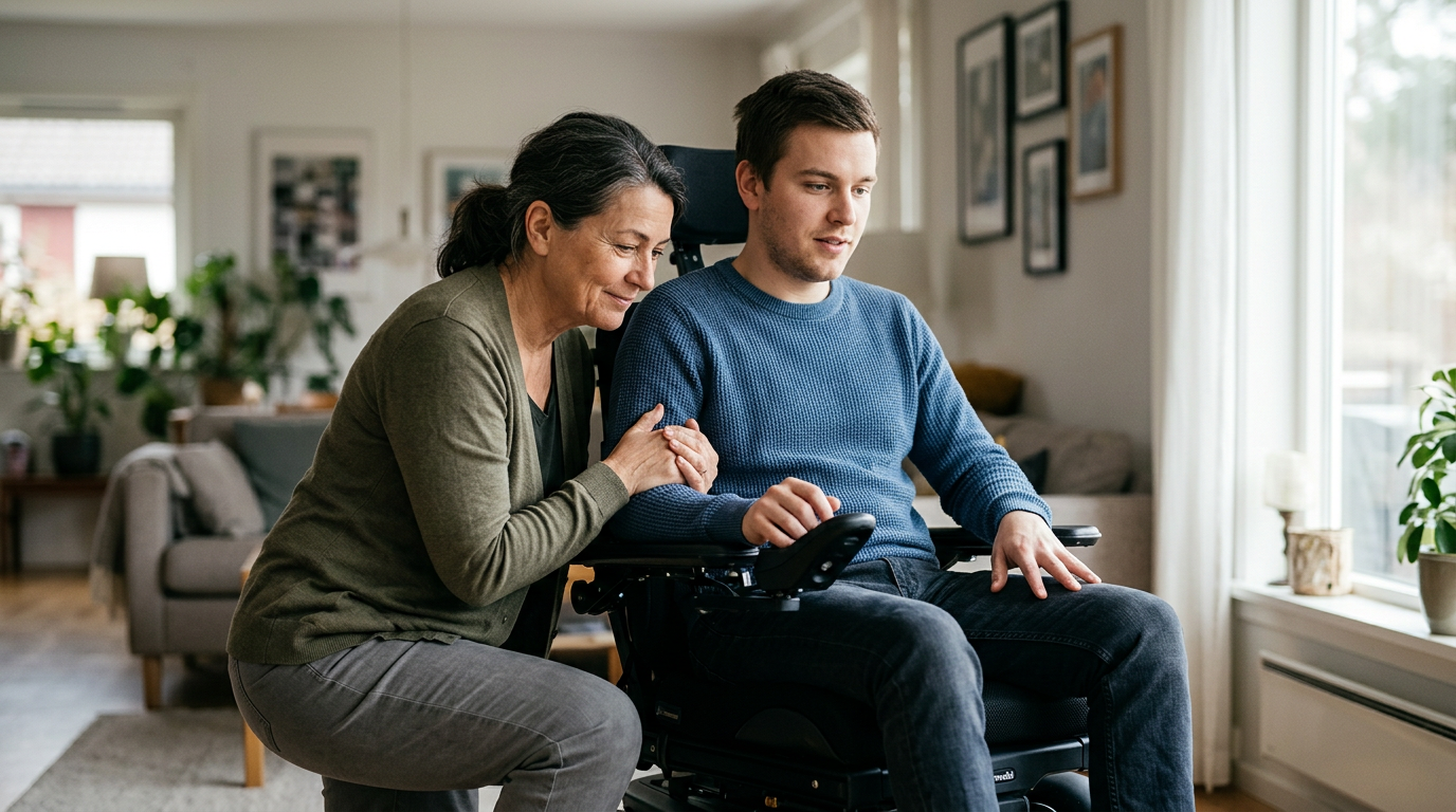 Family member gently supporting a loved one using a power wheelchair at home.