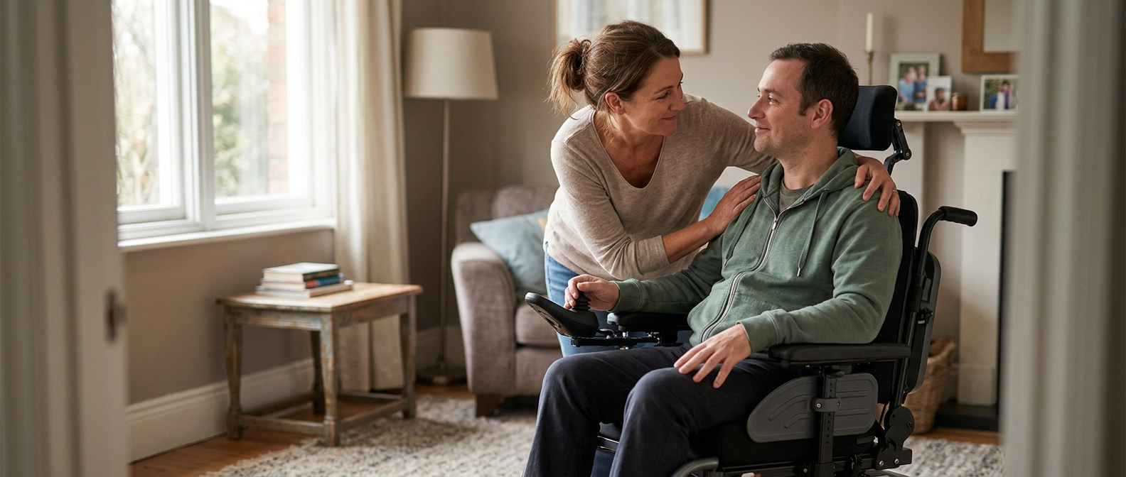 Family member gently supports a loved one using a power wheelchair at home.