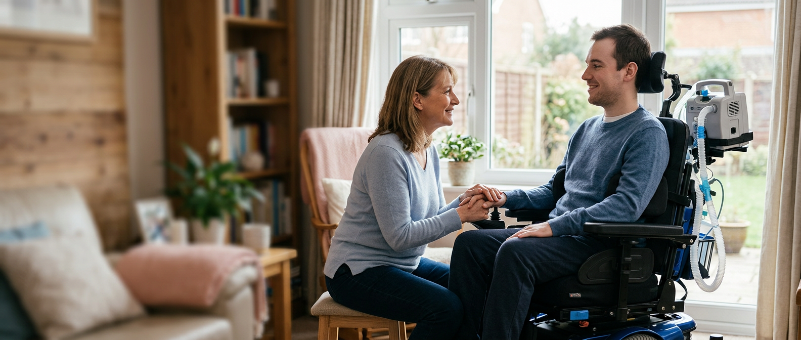 Family member gently supports a loved one using a power wheelchair at home.