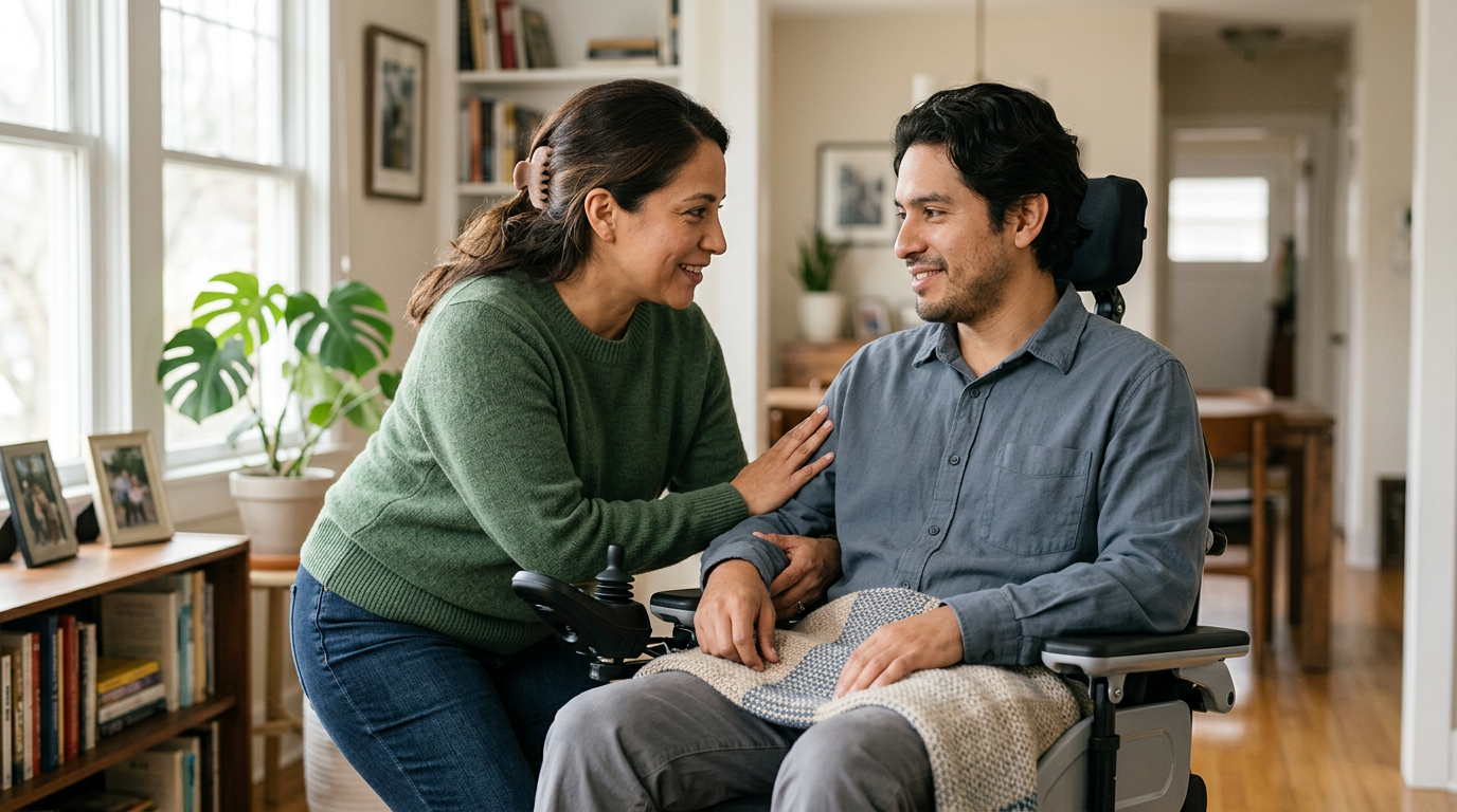 Family member tenderly supporting a Latino loved one who uses a power wheelchair at home.